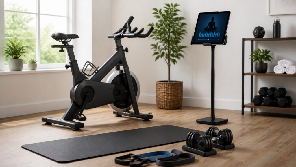 connected gym equipment for guided workouts arranged in a practical buyer guide scene