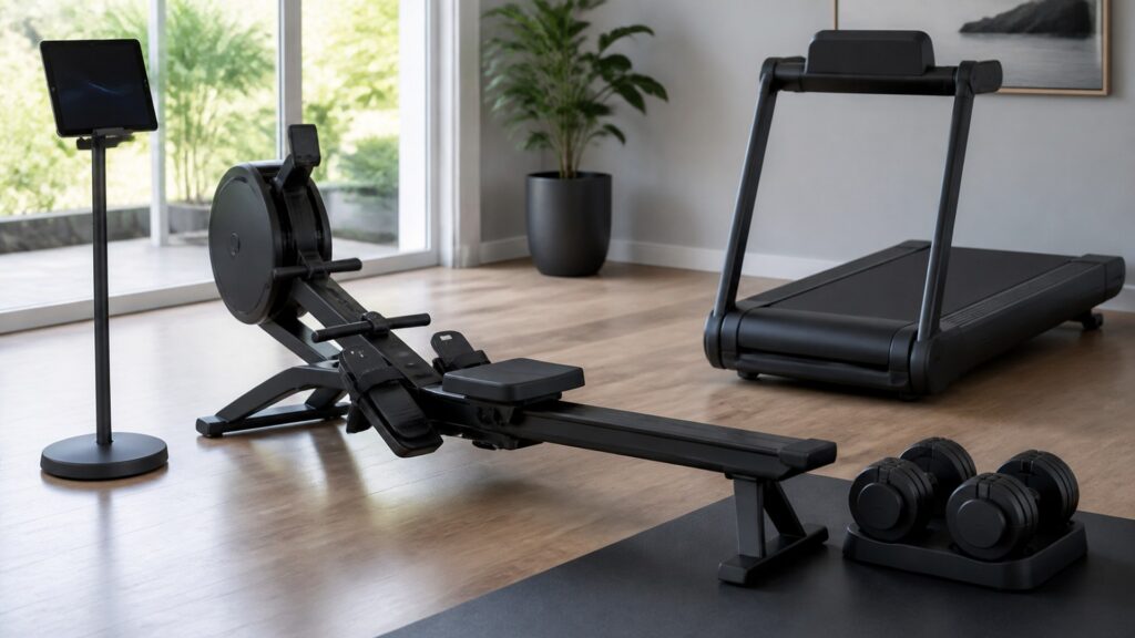 connected gym equipment for overall use arranged in a practical buyer guide scene