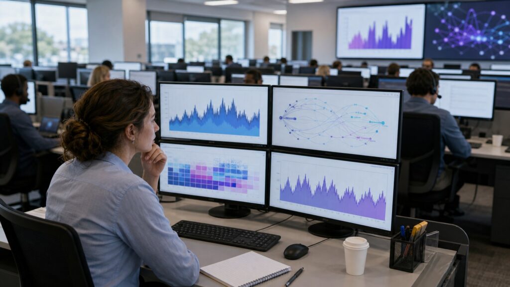a contact center workforce analyst studying live queue volumes, routing paths, and peak interval charts beside an active but calm agent floor