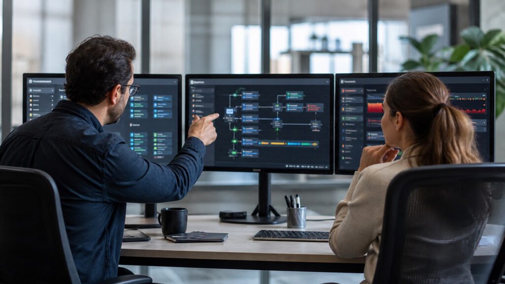 an integration architect testing a contact center, CRM, and help desk event flow with abstract customer records, call events, and error monitoring