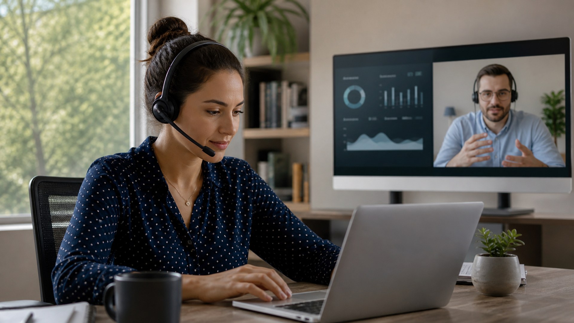 a remote contact center agent with a professional headset in a quiet home workspace while a supervisor provides private support through an abstract monitoring panel