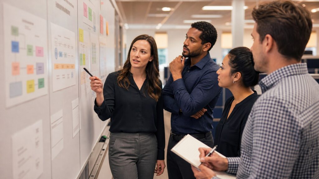 a sales operations supervisor reviewing consent-aware call lists, requested follow-ups, CRM outcomes, and coaching notes with representatives in a professional contact center