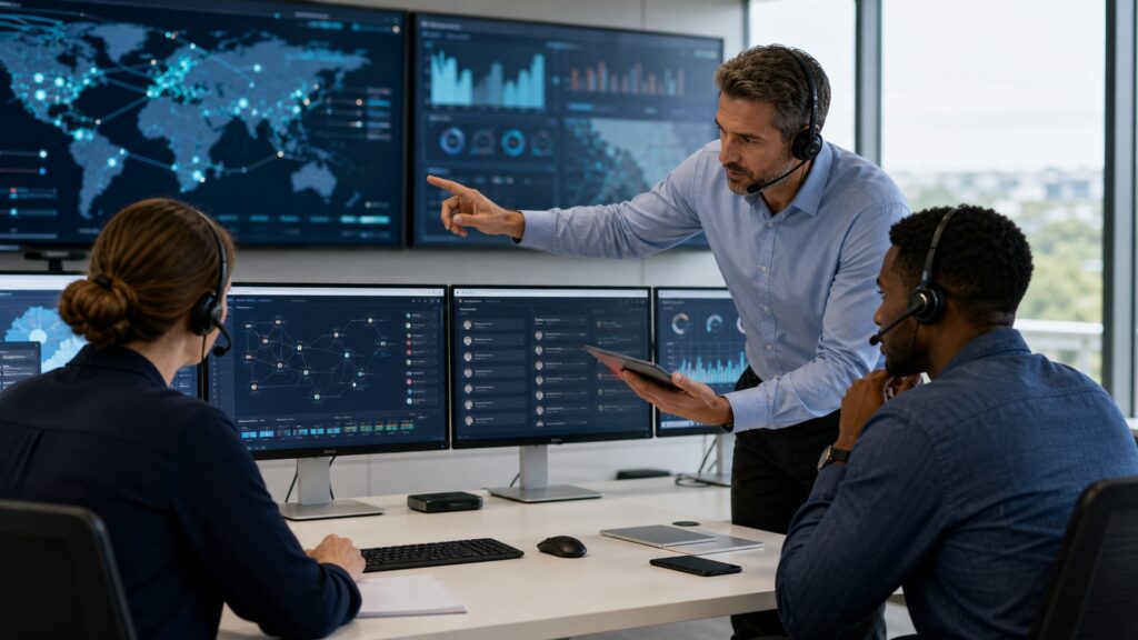 a contact center operations manager comparing routing maps, agent workspace mockups, and service performance charts in a modern communications control room