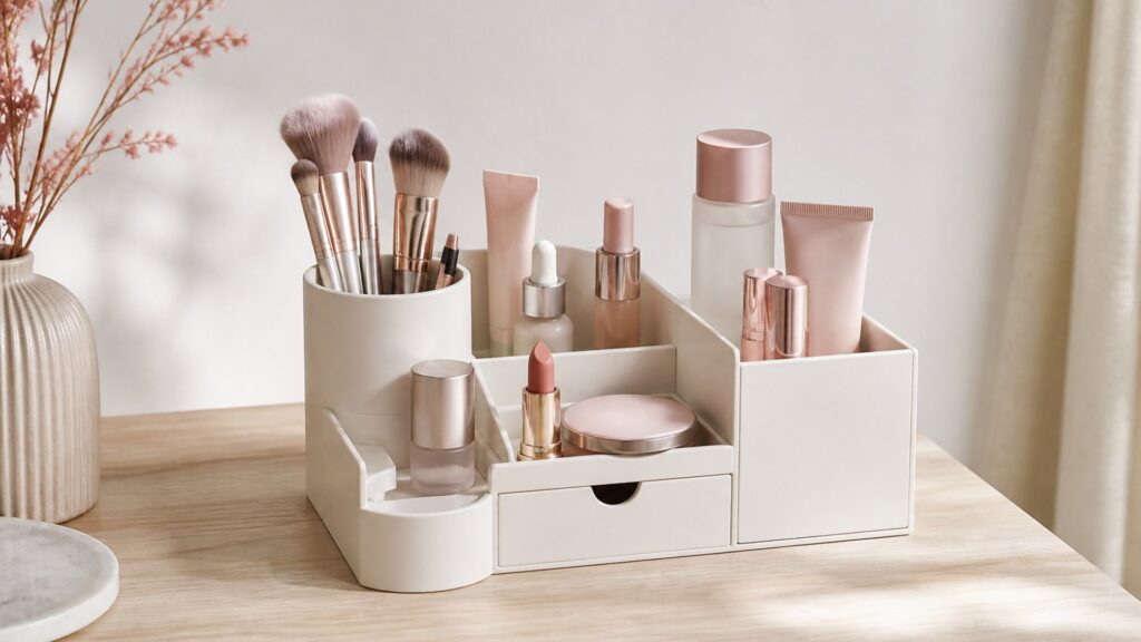 Unbranded editorial arrangement for Cosmetic Storage Buying Guide for Beginner Kits