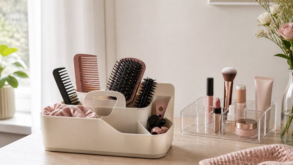 Unbranded editorial arrangement for Cosmetic Storage Buying Guide for Hair Detangling