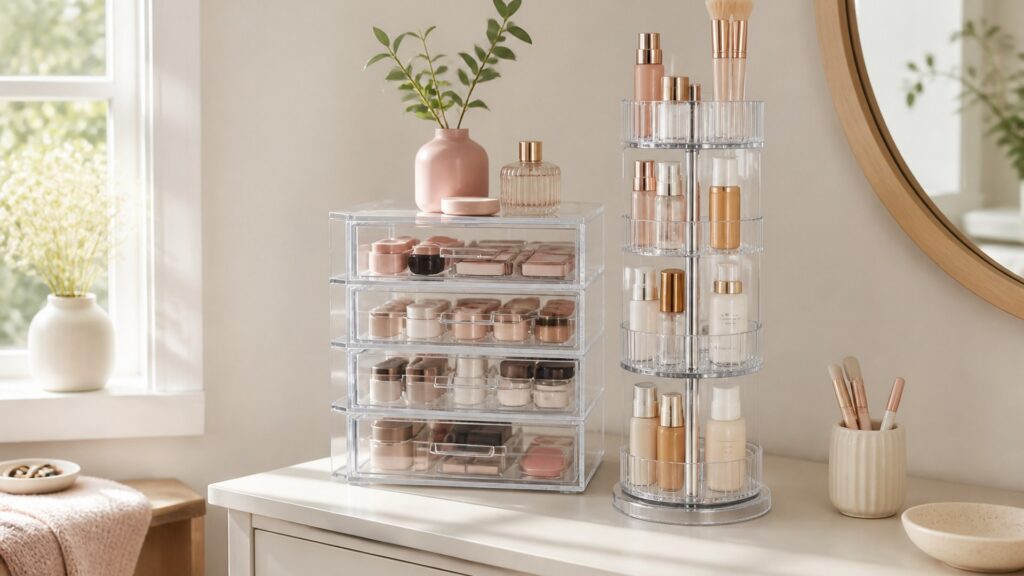 Unbranded editorial arrangement for Cosmetic Storage Buying Guide for Small Vanities