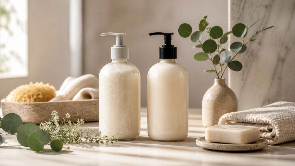 Unbranded cream body cleanser arranged for a scent and formula preferences buying guide