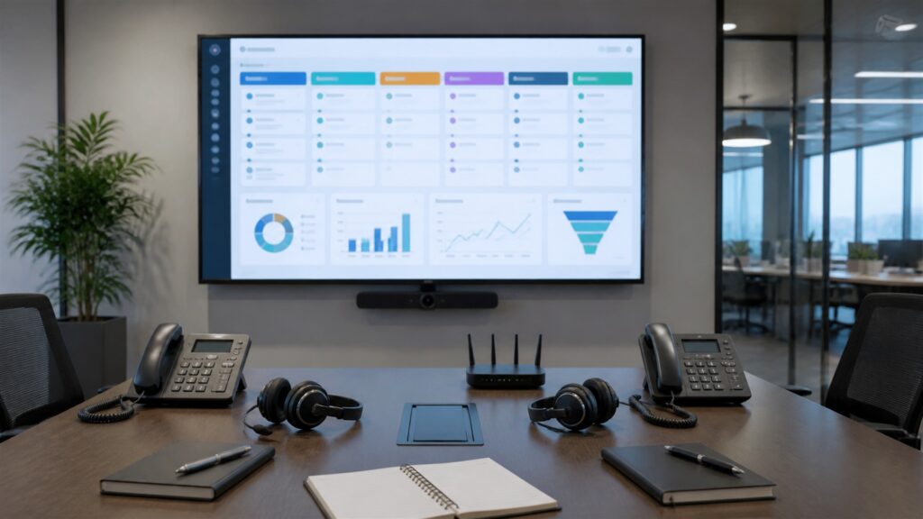 unbranded CRM workspace with blank desktop dashboard, customer record cards, smartphone, headset, and organized sales pipeline materials for a sales teams buying decision