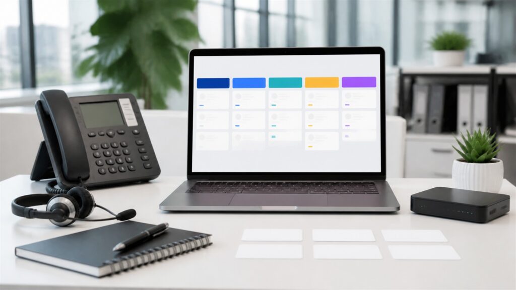 unbranded CRM workspace with blank desktop dashboard, customer record cards, smartphone, headset, and organized sales pipeline materials for a general selection buying decision