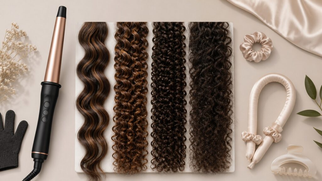Unbranded editorial arrangement illustrating Curling Tools Buying Guide for Curl Definition
