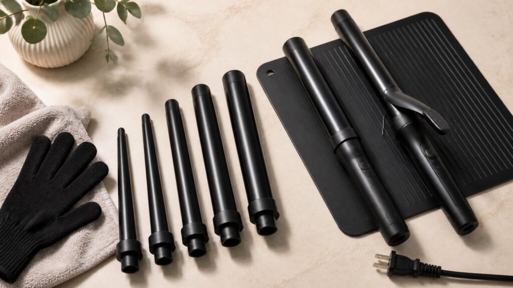 Unbranded editorial arrangement illustrating Curling Tools Buying Guide: How to Choose the Right One
