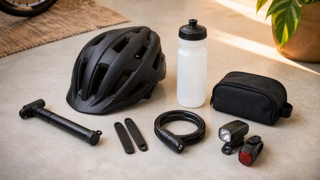 cycling accessories for beginner cyclists arranged in a practical buyer guide scene