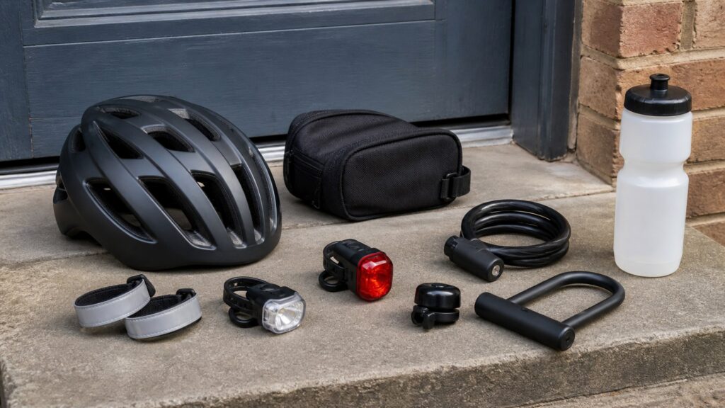 cycling accessories for commuting arranged in a practical buyer guide scene