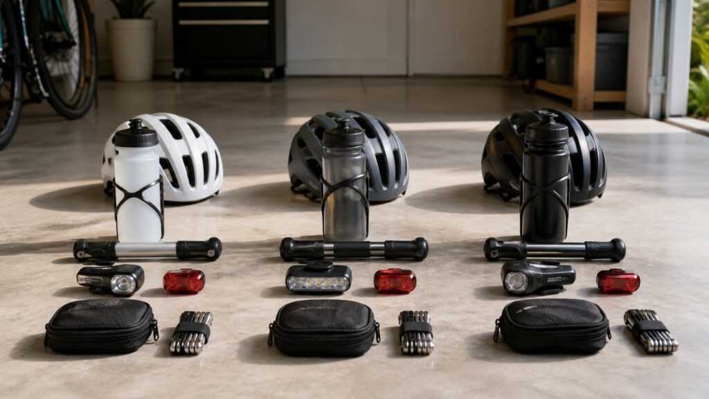 cycling accessories for group rides arranged in a practical buyer guide scene