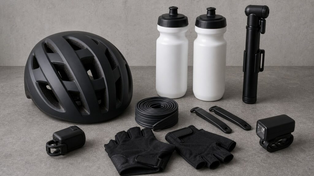 cycling accessories for road riding arranged in a practical buyer guide scene