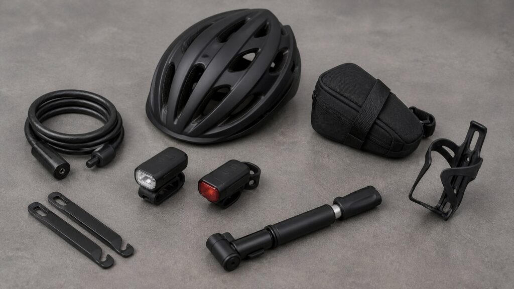 cycling accessories for overall use arranged in a practical buyer guide scene