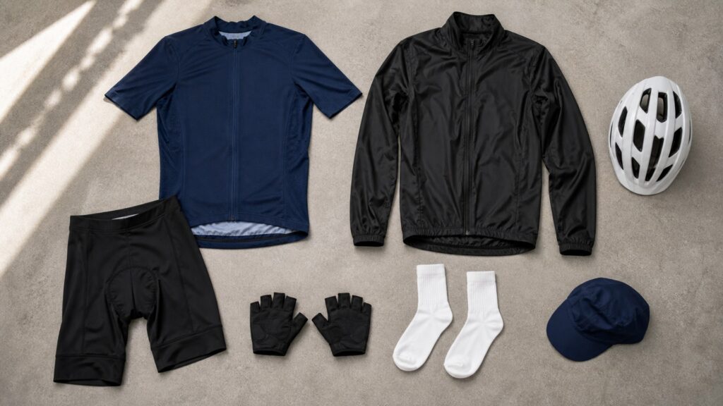 cycling apparel for beginner cyclists arranged in a practical buyer guide scene