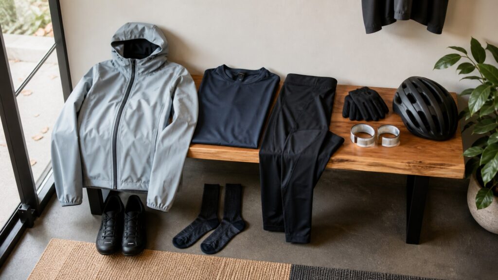 cycling apparel for commuting arranged in a practical buyer guide scene