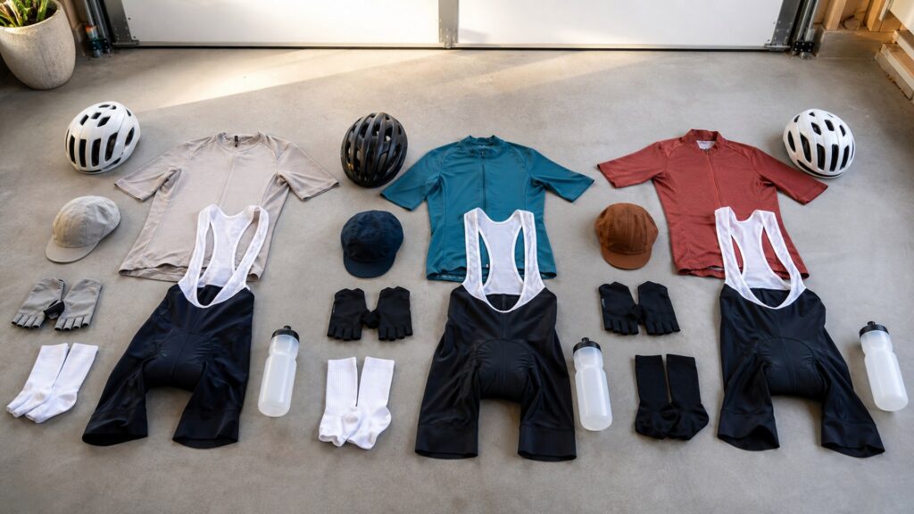cycling apparel for group rides arranged in a practical buyer guide scene