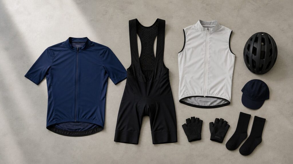 cycling apparel for road riding arranged in a practical buyer guide scene