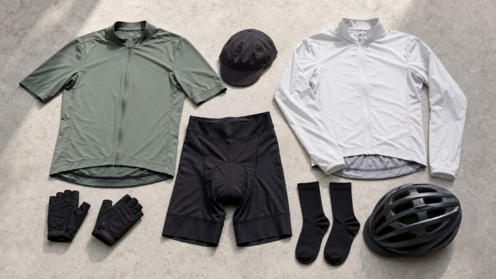 cycling apparel for overall use arranged in a practical buyer guide scene