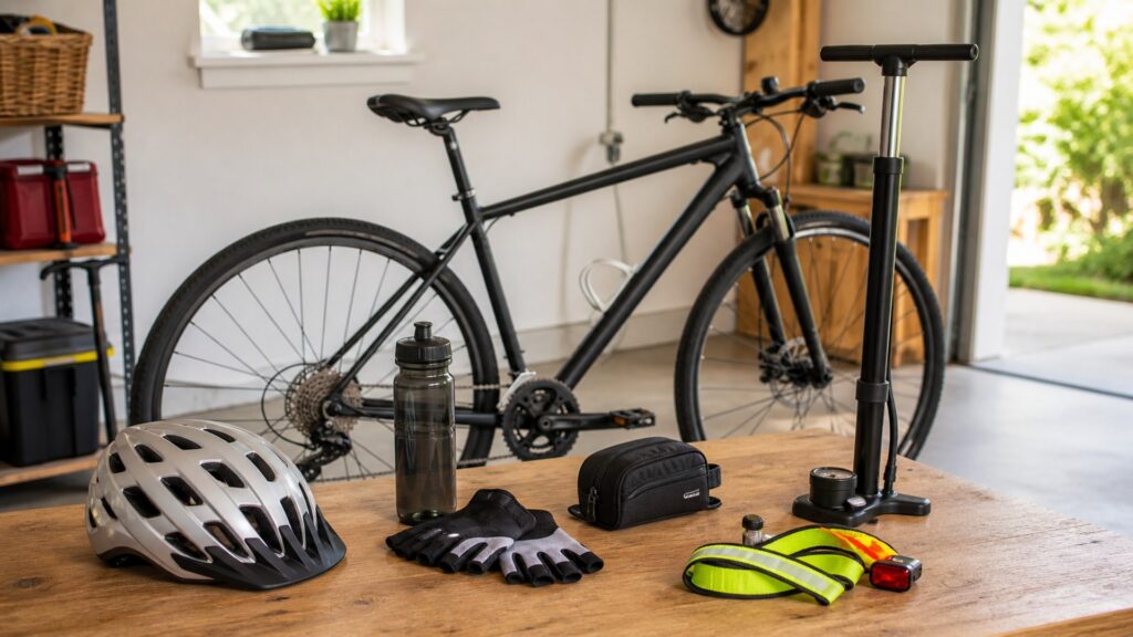 cycling gear for beginners arranged in a practical buyer guide scene