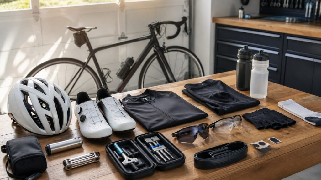 cycling gear for road cyclists arranged in a practical buyer guide scene