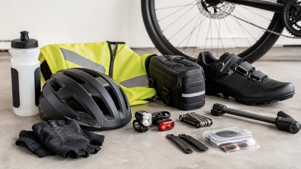 cycling gear for overall use arranged in a practical buyer guide scene