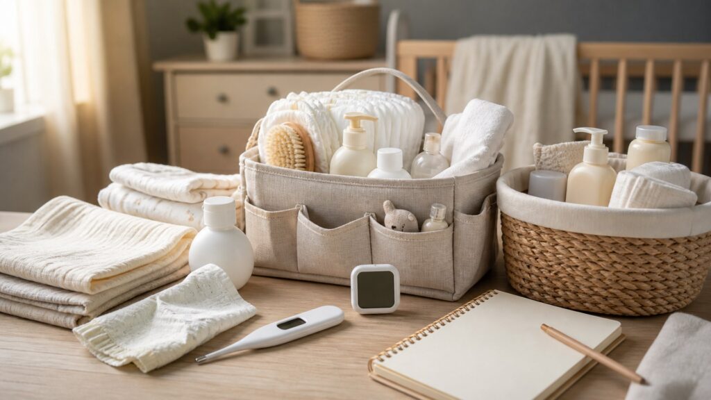 generic daily caregiving aids with reacher tool, grip aid, storage caddy, pill organizer, cleaning cloth, and notebook