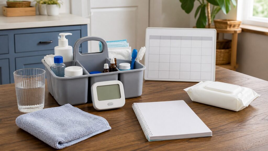 generic daily caregiving aids with reacher tool, grip aid, storage caddy, pill organizer, cleaning cloth, and notebook