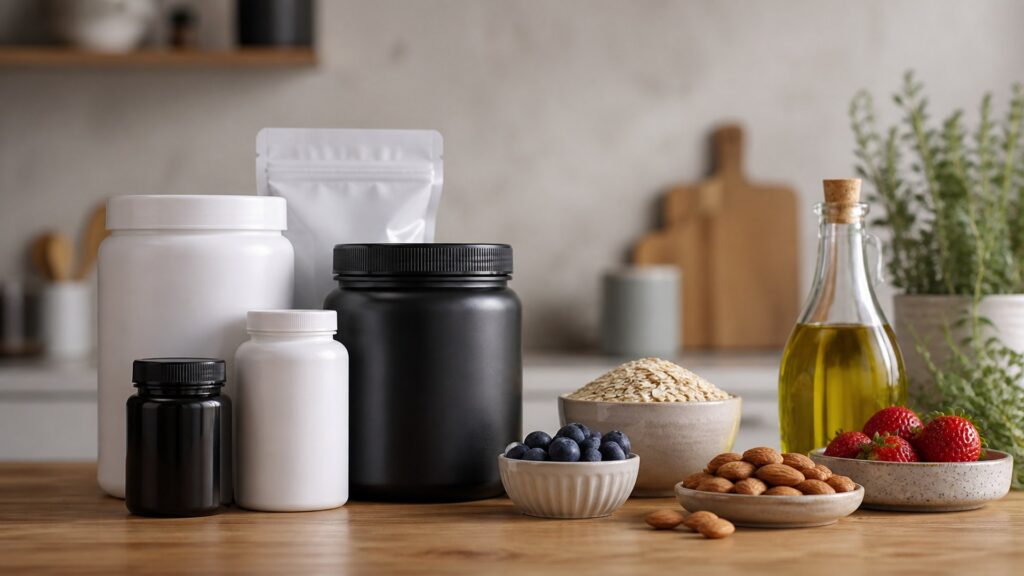 Unbranded daily wellness supplements products arranged for a careful buying comparison