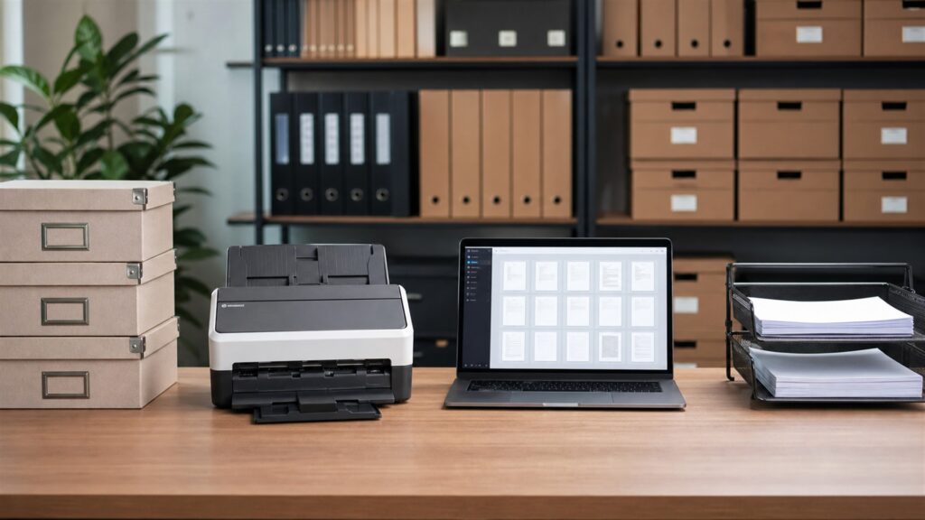 unbranded document management office with secure scanner, organized archive boxes, blank laptop dashboard, labeled-looking but blank folders, and file trays for a growing teams buying decision