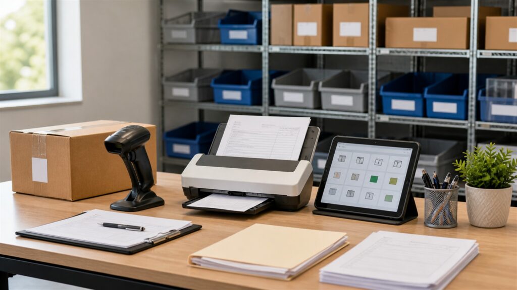 unbranded document management office with secure scanner, organized archive boxes, blank laptop dashboard, labeled-looking but blank folders, and file trays for a inventory control buying decision