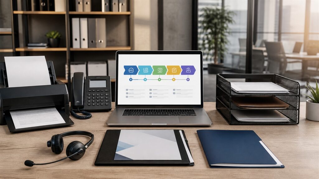 unbranded document management office with secure scanner, organized archive boxes, blank laptop dashboard, labeled-looking but blank folders, and file trays for a sales teams buying decision