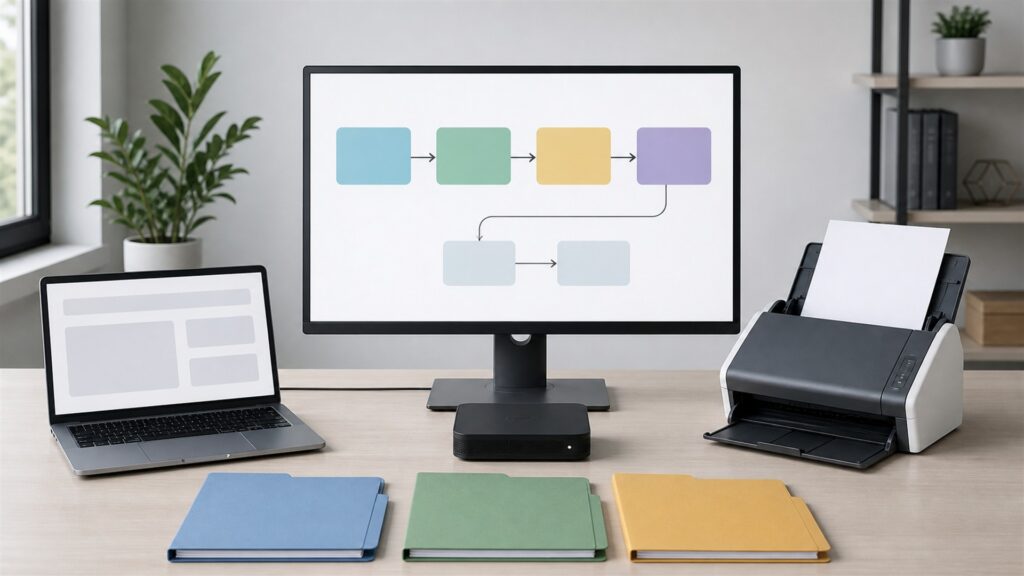 unbranded document management office with secure scanner, organized archive boxes, blank laptop dashboard, labeled-looking but blank folders, and file trays for a workflow automation buying decision