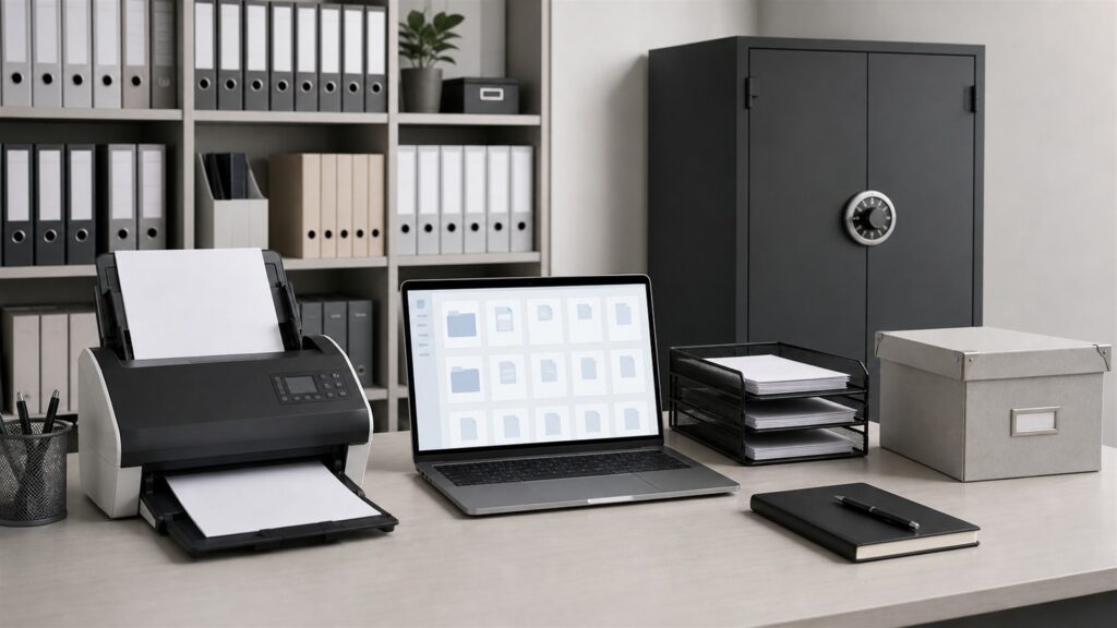 unbranded document management office with secure scanner, organized archive boxes, blank laptop dashboard, labeled-looking but blank folders, and file trays for a general selection buying decision
