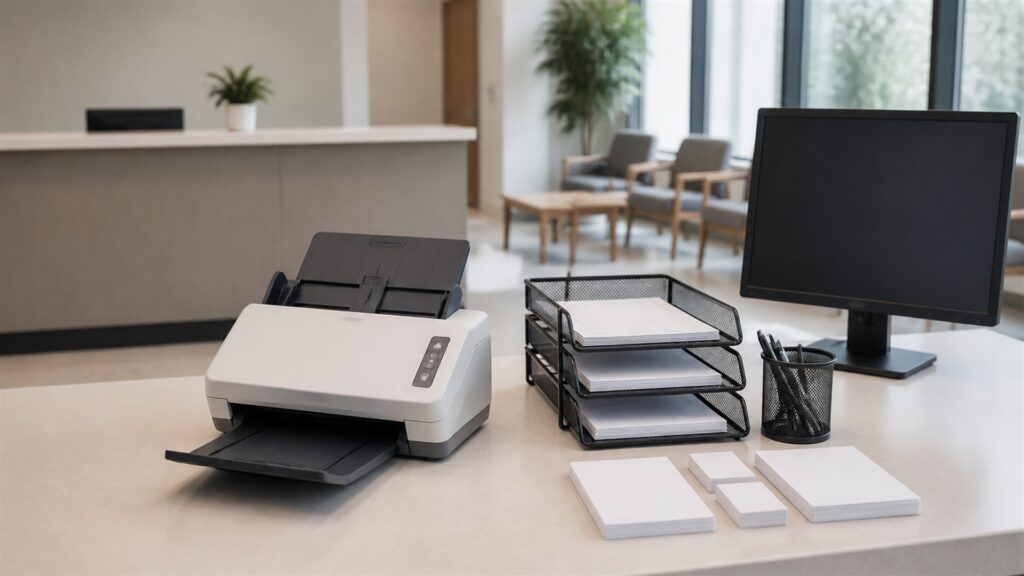unbranded document scanners, blank paper stacks, and color-coded workflow trays in a professional office for a front offices buying decision