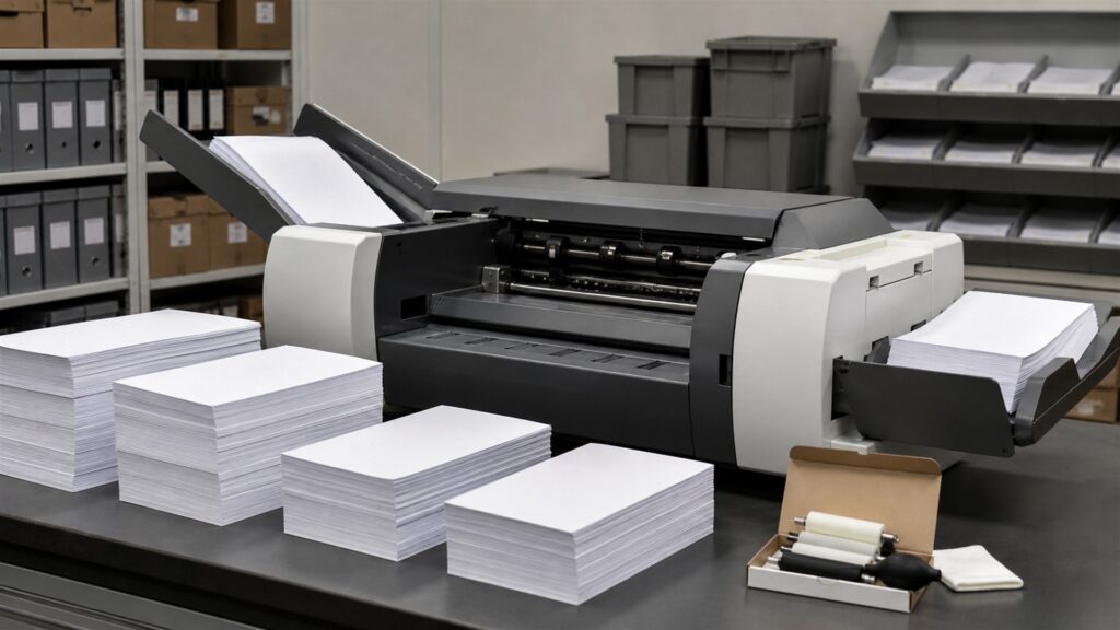 unbranded document scanners, blank paper stacks, and color-coded workflow trays in a professional office for a high-volume use buying decision