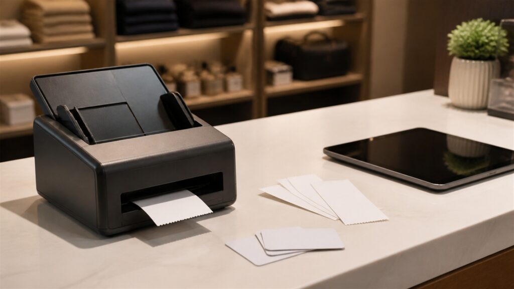unbranded document scanners, blank paper stacks, and color-coded workflow trays in a professional office for a retail counters buying decision