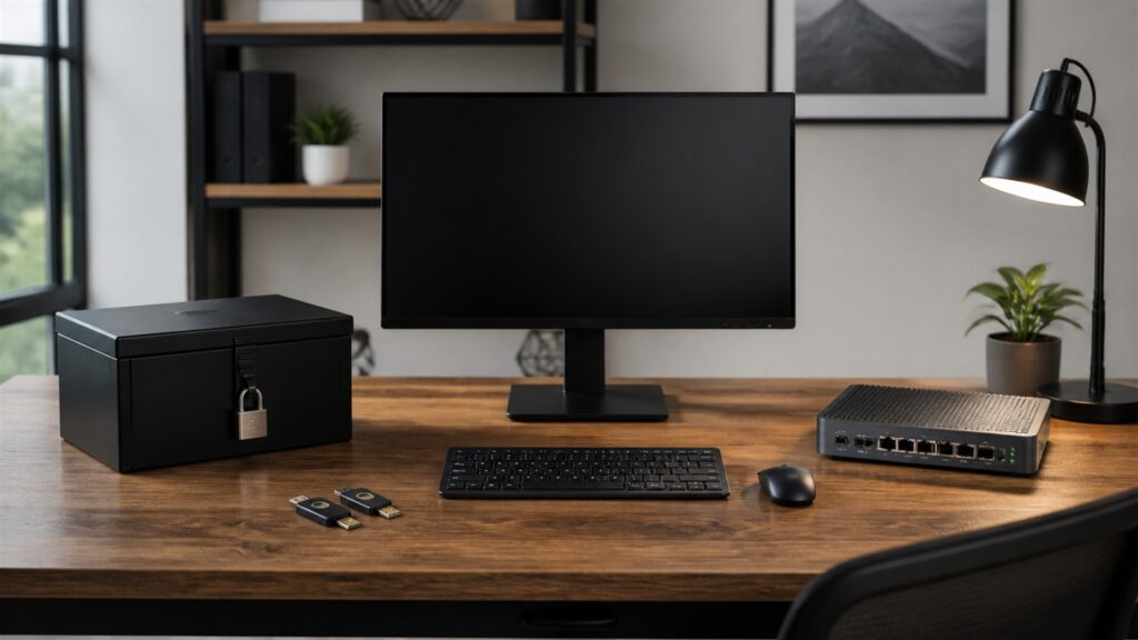 unbranded domain administration workspace with blank portfolio dashboard, network gateway, security key, renewal calendar blocks, and organized domain folders for a security needs buying decision