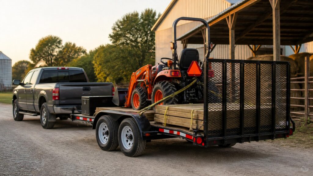 dual axle utility trailers shopping setup for farm and jobsite use with practical vehicle-focused details