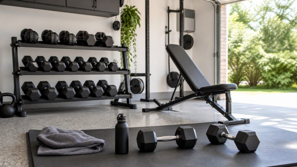 dumbbells for garage gyms arranged in a practical buyer guide scene