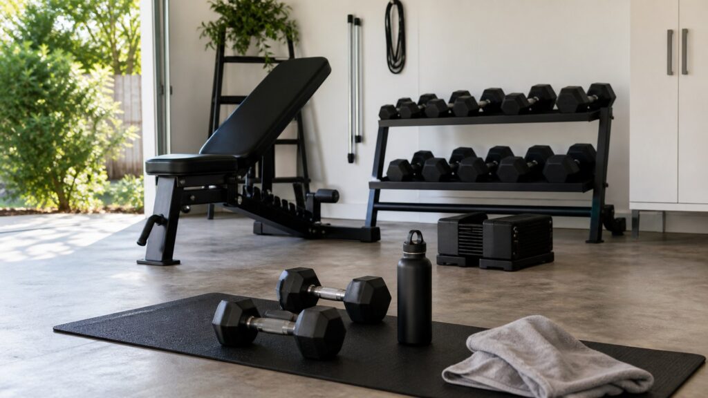 dumbbells for home strength training arranged in a practical buyer guide scene