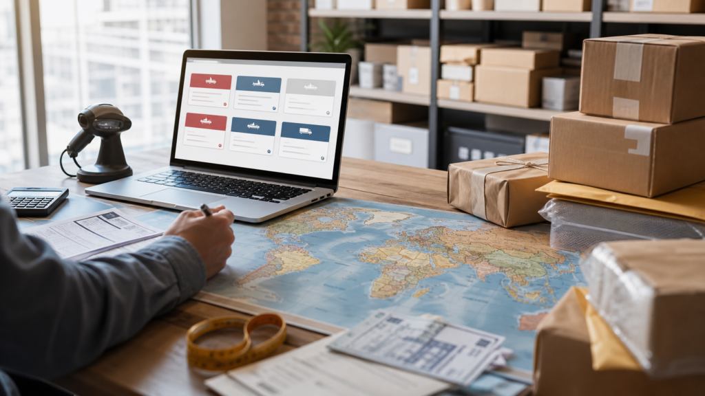 Ultra photorealistic ecommerce shipping operations hero image for Easyship Review for Multi-Carrier Shipping Software