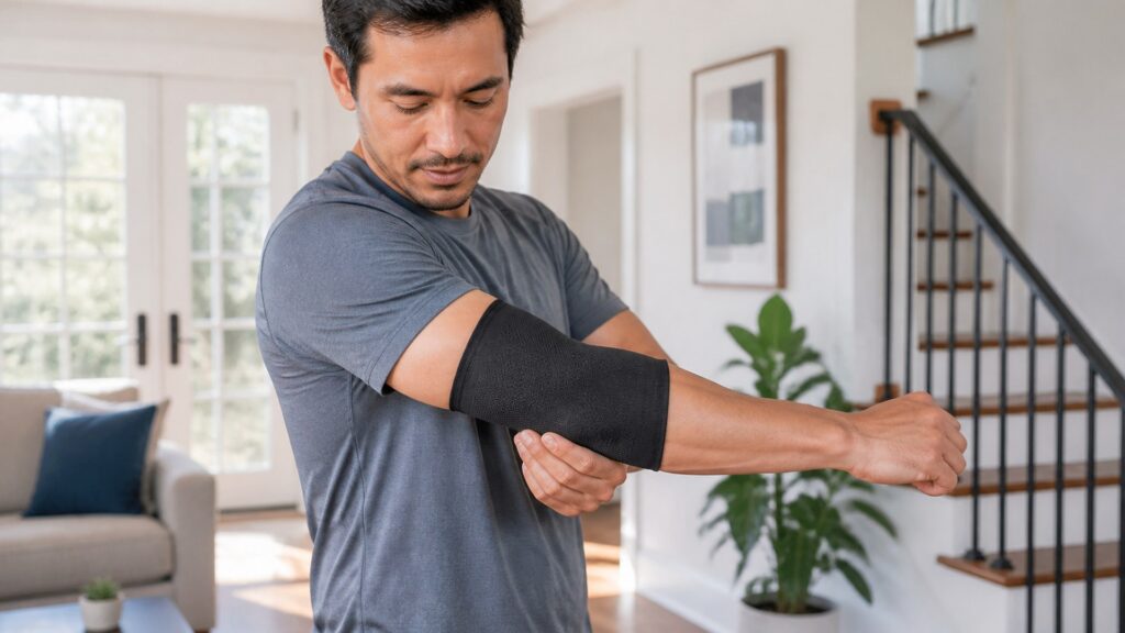 Unbranded elbow braces arranged to compare closure reach and flexion range