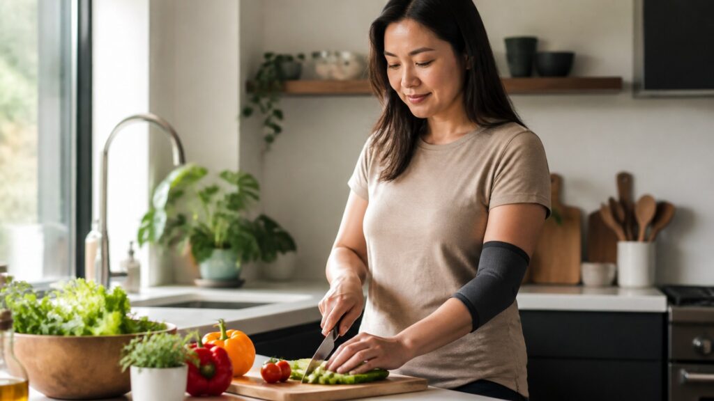 Unbranded elbow braces arranged to compare edge comfort and fabric breathability