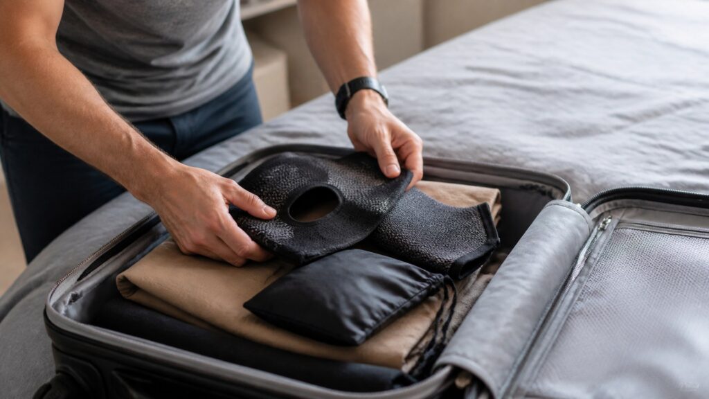 Unbranded elbow braces arranged to compare upper- and lower-arm circumference and sleeve or strap length