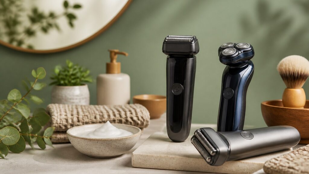 Unbranded editorial arrangement illustrating Electric Shavers Buying Guide for Sensitive Skin