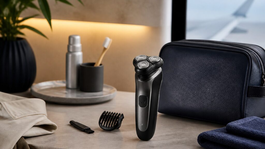 Unbranded editorial arrangement illustrating Electric Shavers Buying Guide for Travel Grooming