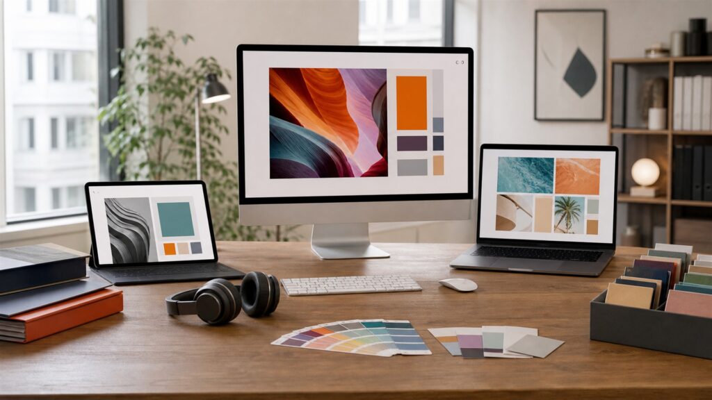unbranded email marketing workspace with blank campaign dashboard, email preview cards, calendar, headset, and analytics monitor for a agency workflows buying decision